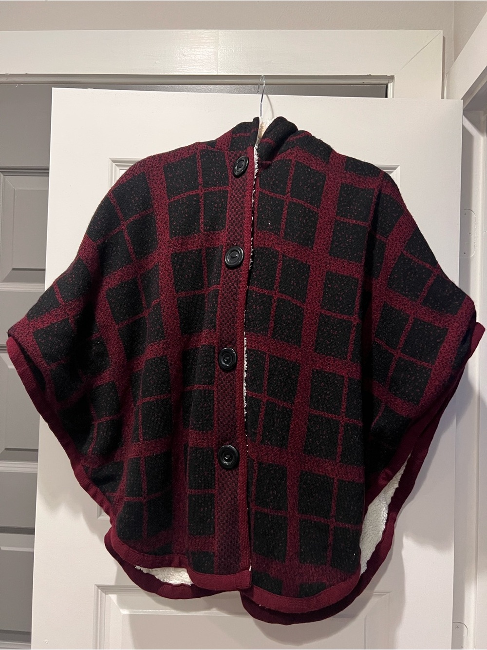 Button-Front Plaid Poncho in Black & Burgundy